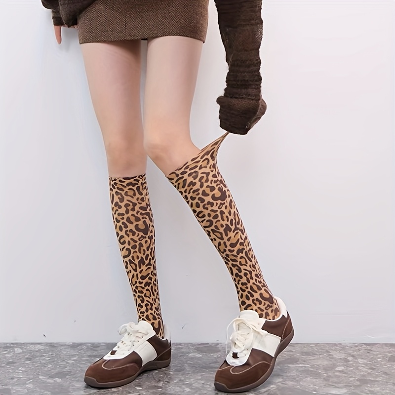 

1 Pair Women's Leopard Print Ankle Socks, Polyamide 85% Spandex 15% Knit Fabric, Autumn Winter Footwear Accessory