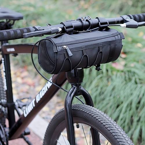 große, verstellbare fahrradlenkertasche - schwarz, mehrfachfach, tragbare vorderrahmengas-tasche, für fahrradzubehör, tasche mit lenkeraufhängung | stilvolles zylindrisches design | elastisches fixiersystem, fahrradtasche