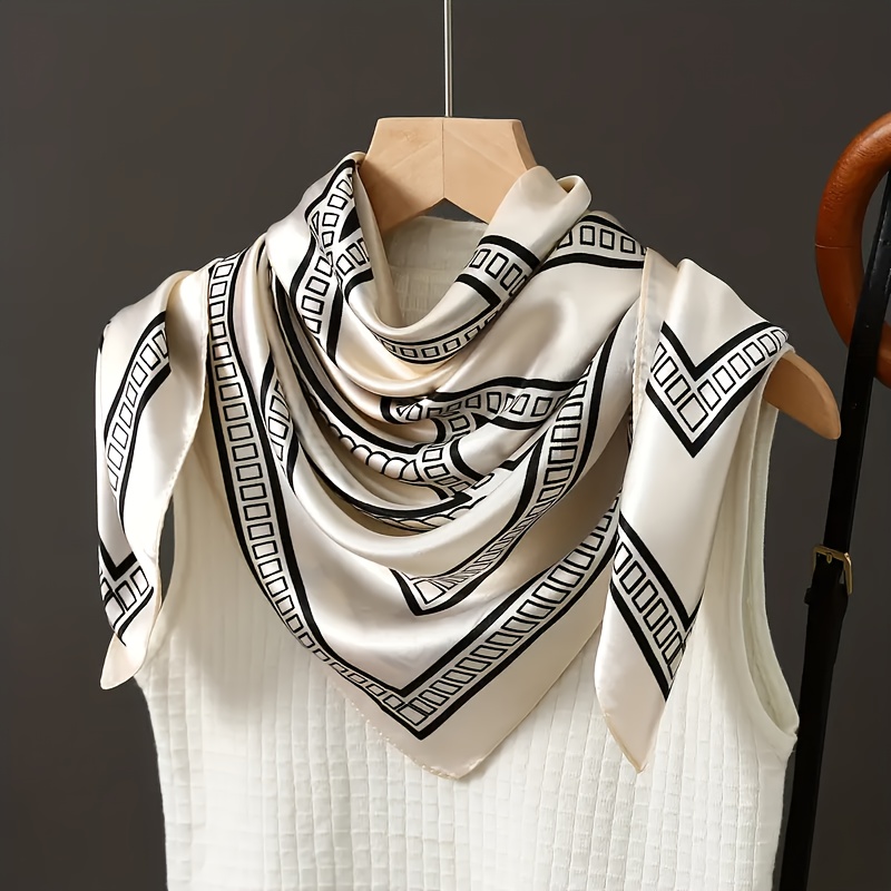TEMU Elegant Black And White Geometric Scarf, 35.43x35.43 Inches - Lightweight And Breathable, A Stylish Neck Accessory For Women, An Ideal Accessory