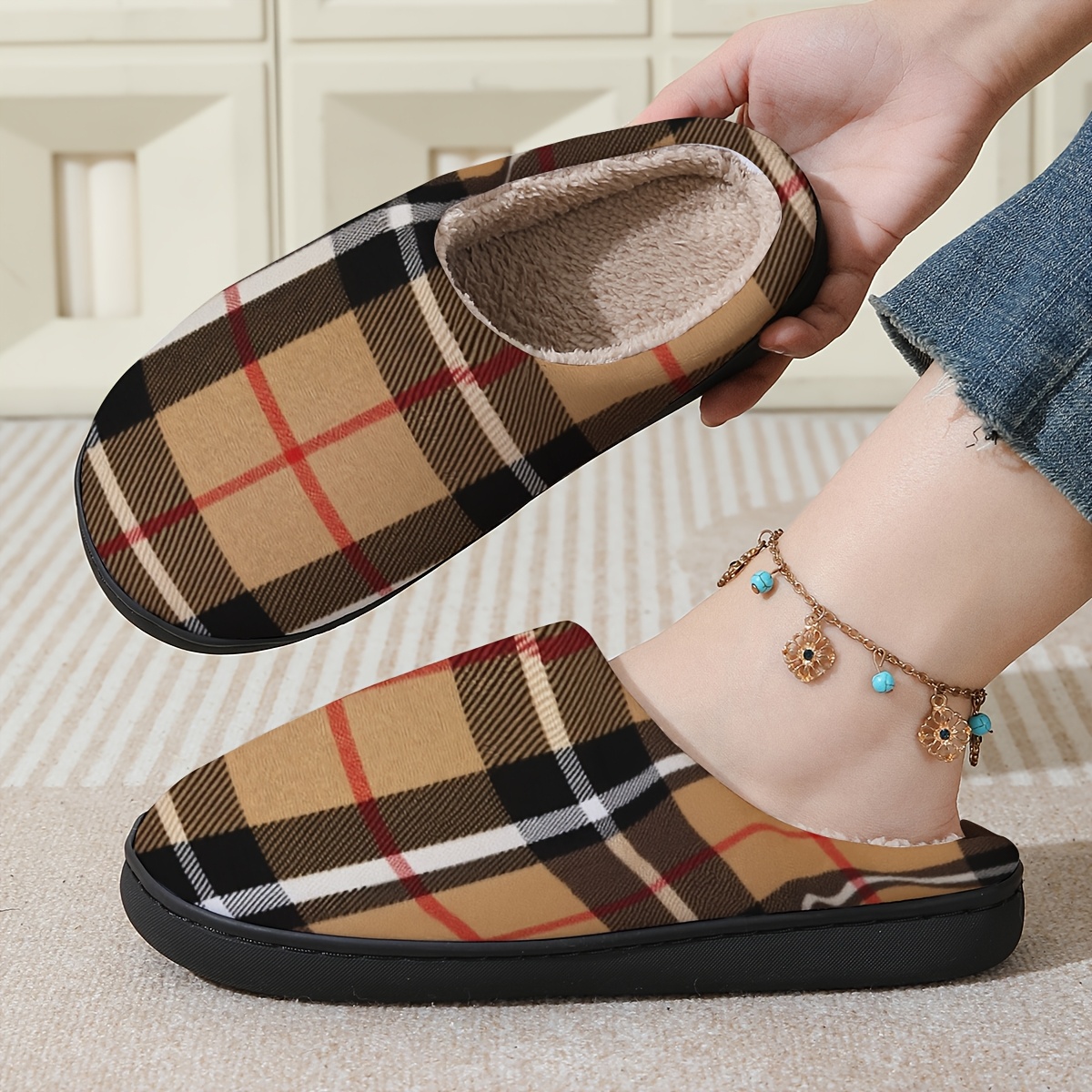 TEMU Women's Plaid Slippers With Soft Plush Lining & Tpr Sole - Warm Cozy Indoor Footwear Suitable For , Machine Washable All, Cushioned Sole For,