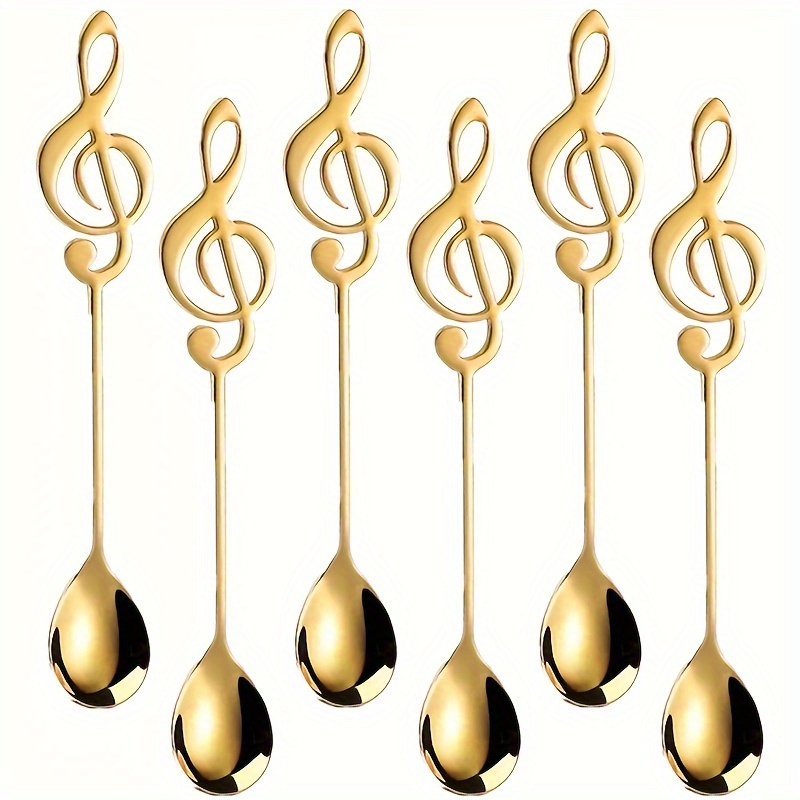 Image of Stainless Steel 6pcs Set With Note Shaped Special Spoons, Coffee Spoons, Dessert Spoons, Stirring Spoons, Tea Spoons, Suitable For Parties/homes/restaurants, Mirror Polished