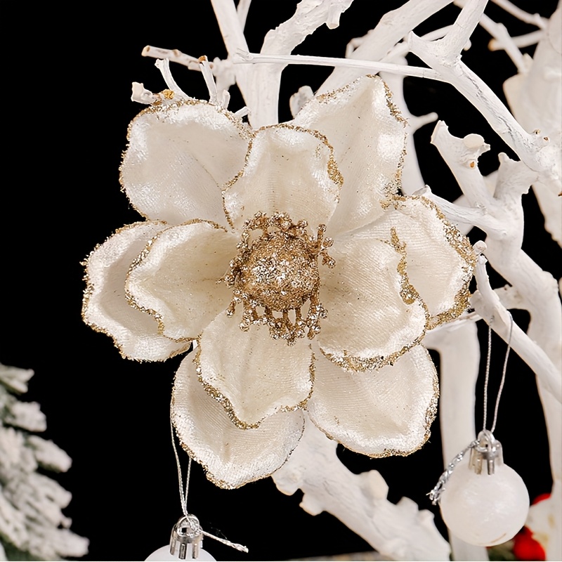 Image of 4pcs Golden Powder Christmas Flower Holiday Floral Decoration Magnolia Christmas Flower Three-layer Artificial Flower Christmas Tree Wreath Vine Additions, Halloween Decor