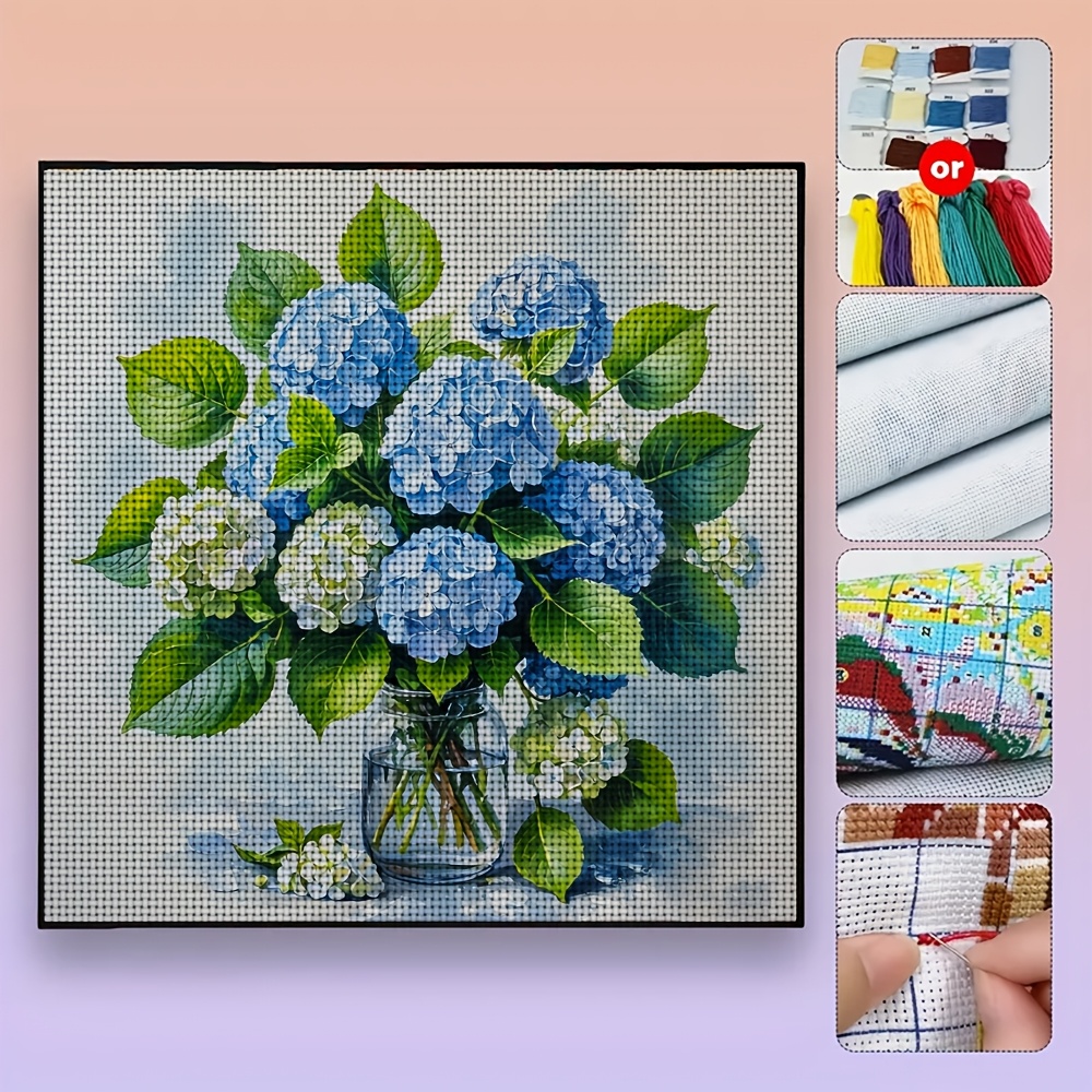 Cross Stitch Printed Kit, Blue And White Hydrangea Vase