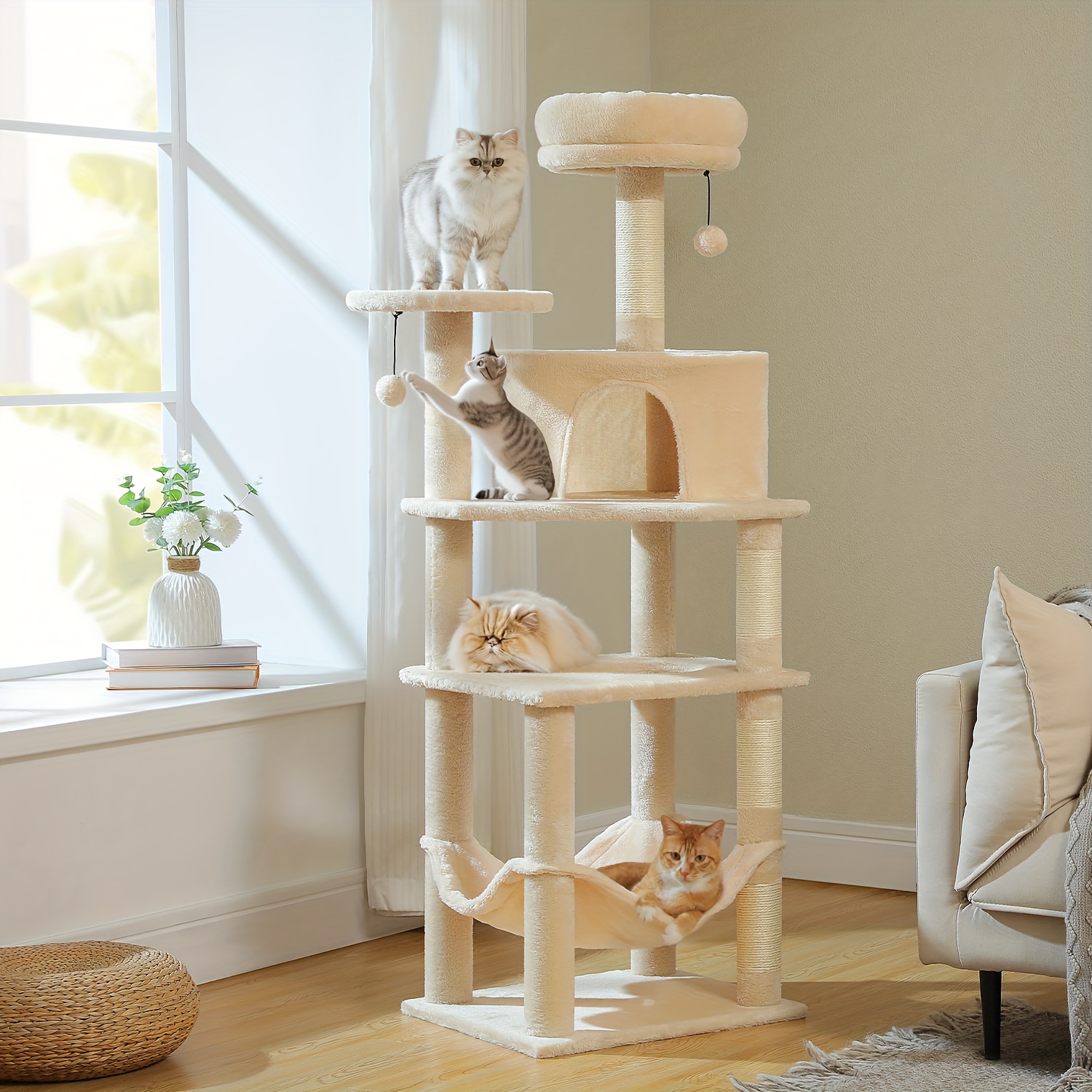    -  Tree for Kittens - 4-Tier Tower with Fan-Shaped Condo, 2 Platforms, Cat Hammock & Dangling Balls, Easy Assembly (58x50cm Base, Grey/Dark Grey/Beige)