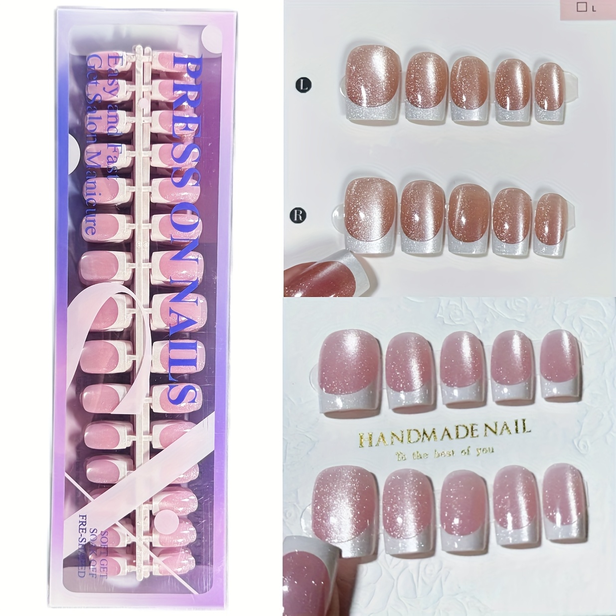 E-shop 180 Stück Klassisches Französisches Multicolor Katzenaugen Falsche Nagel Set, Rosa Französisches Katzenauge, Braun Französisches Katzenauge,