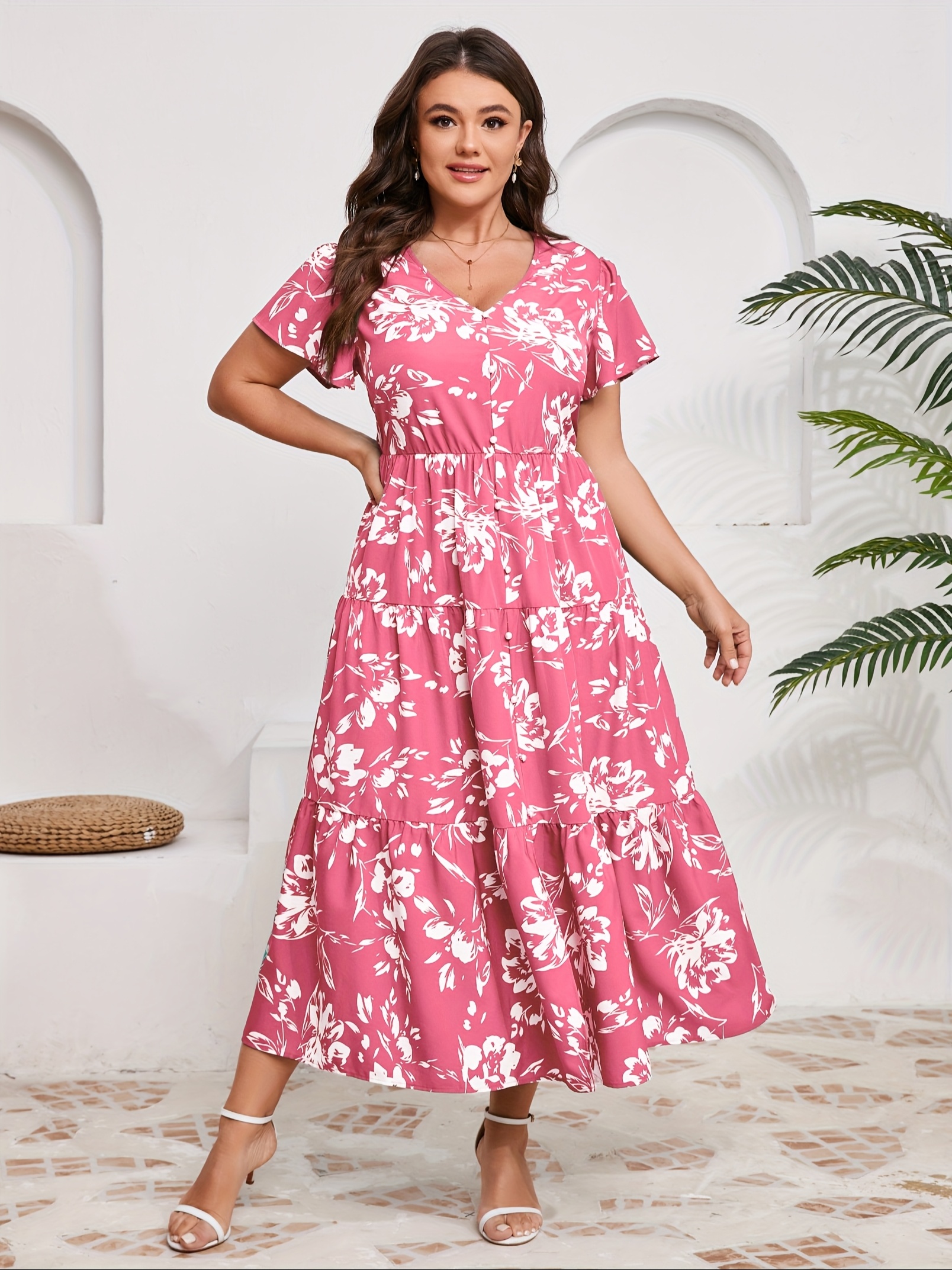 womens plus size babydoll summer maxi dress v neck ruffle - Temu