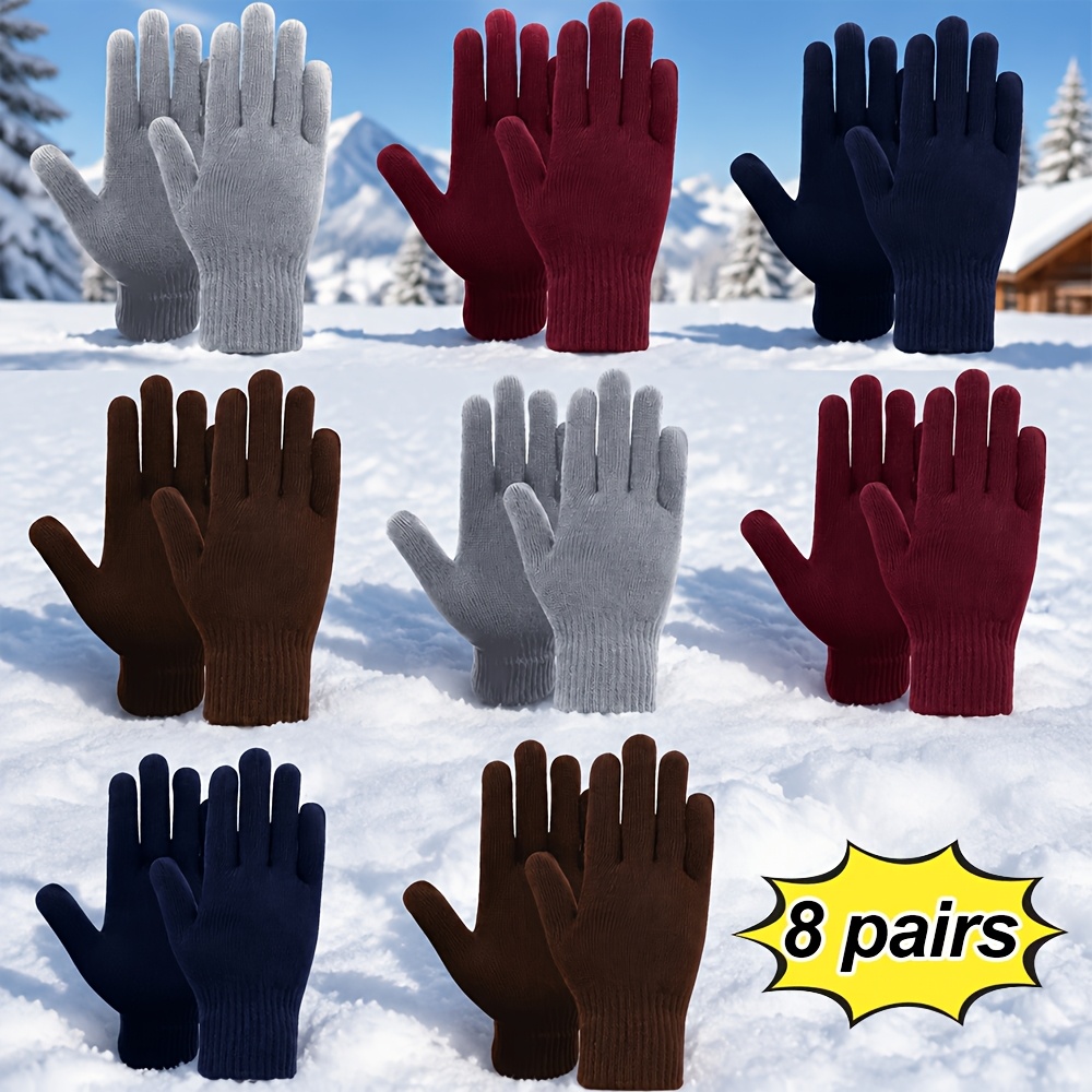 TEMU 8 Pairs Of Solid Color Warm All-finger Gloves, Unisex, Must-have For Outdoor Riding In Autumn And Winter, Solid Color Stretch Sports Gloves,