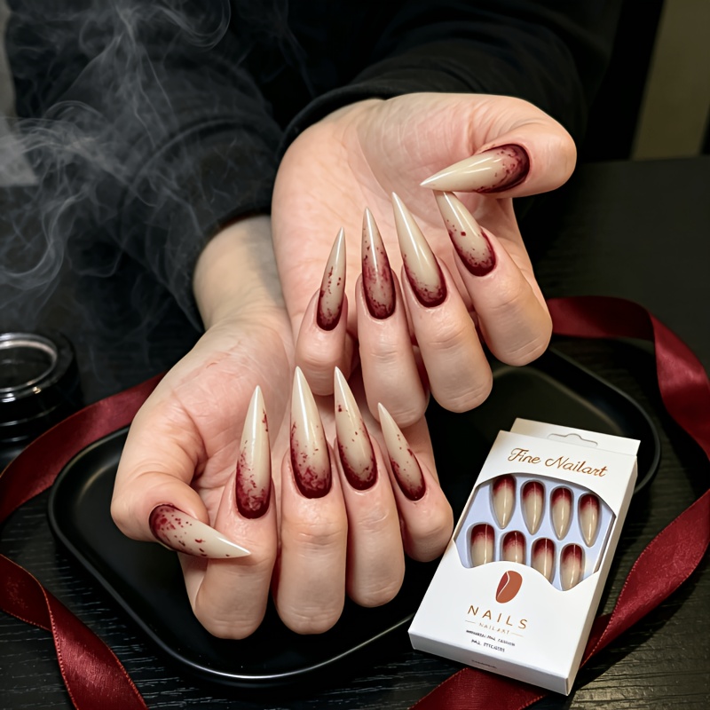TEMU 25pcs Water Drop Shaped Halloween Press-on Nails (24pcs Nail Pieces And 1pc Press-on Tool), Nude Gradient Blood Stain Ghost Claw Fake Nails, No