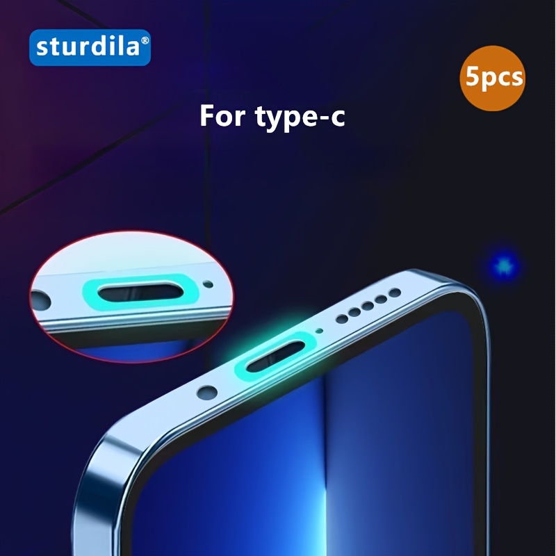 TEMU Paquete de 5, Película luminosa para puerto de carga compatible con Apple/Type-C, Adhesivo protector antiarañazos y anti-encolado, en