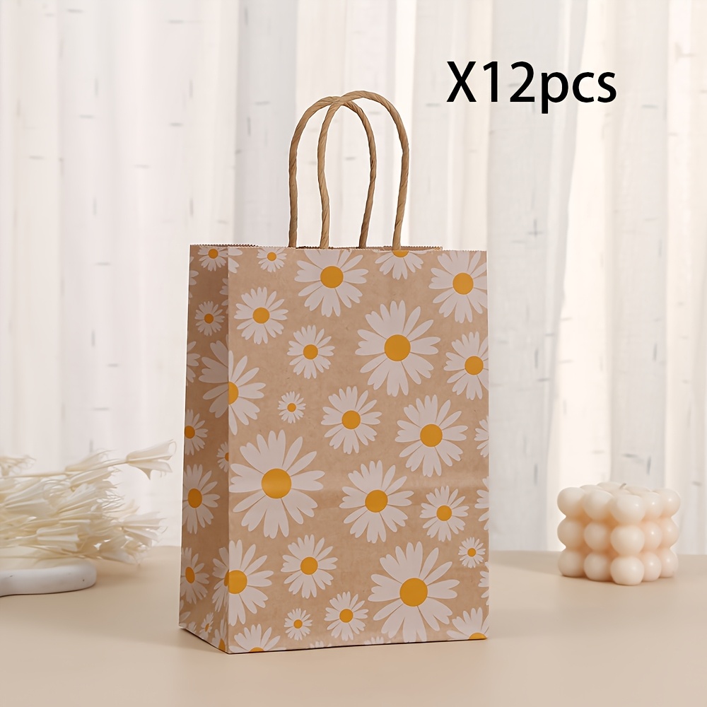 Image of Gift For Her/him 12pcs Daisy Flower Paper Gift Bags With Handles - Brown For Spring Parties, Weddings, Birthdays & Shopping Events, Christmas, Halloween