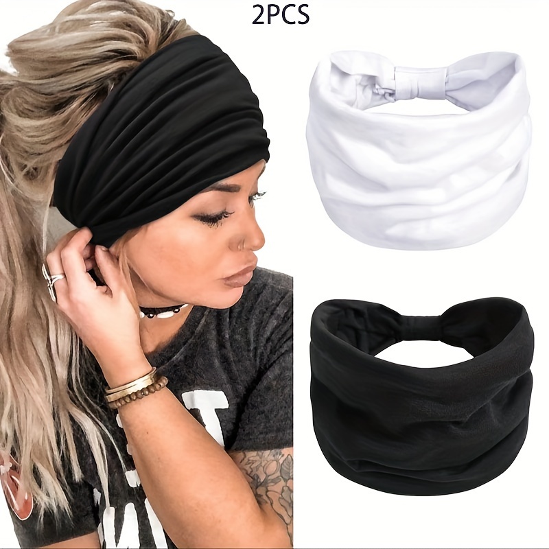 TEMU Set Of 2 Trendy Women's Non-slip Braided Wide Headbands, Featuring A . Soft And Comfy Solid Color Headbands Are Perfect For Yoga, Workouts,