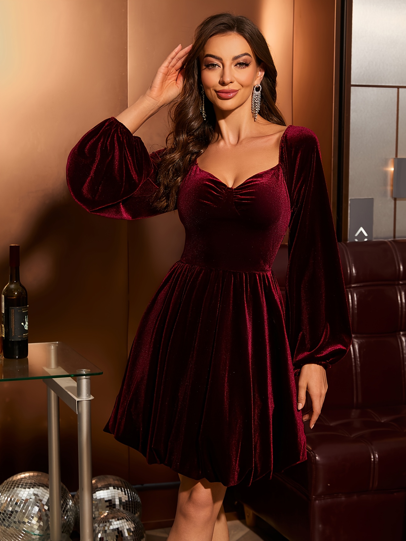 elegant red velvet v neck mini dress lantern sleeves chic - Temu