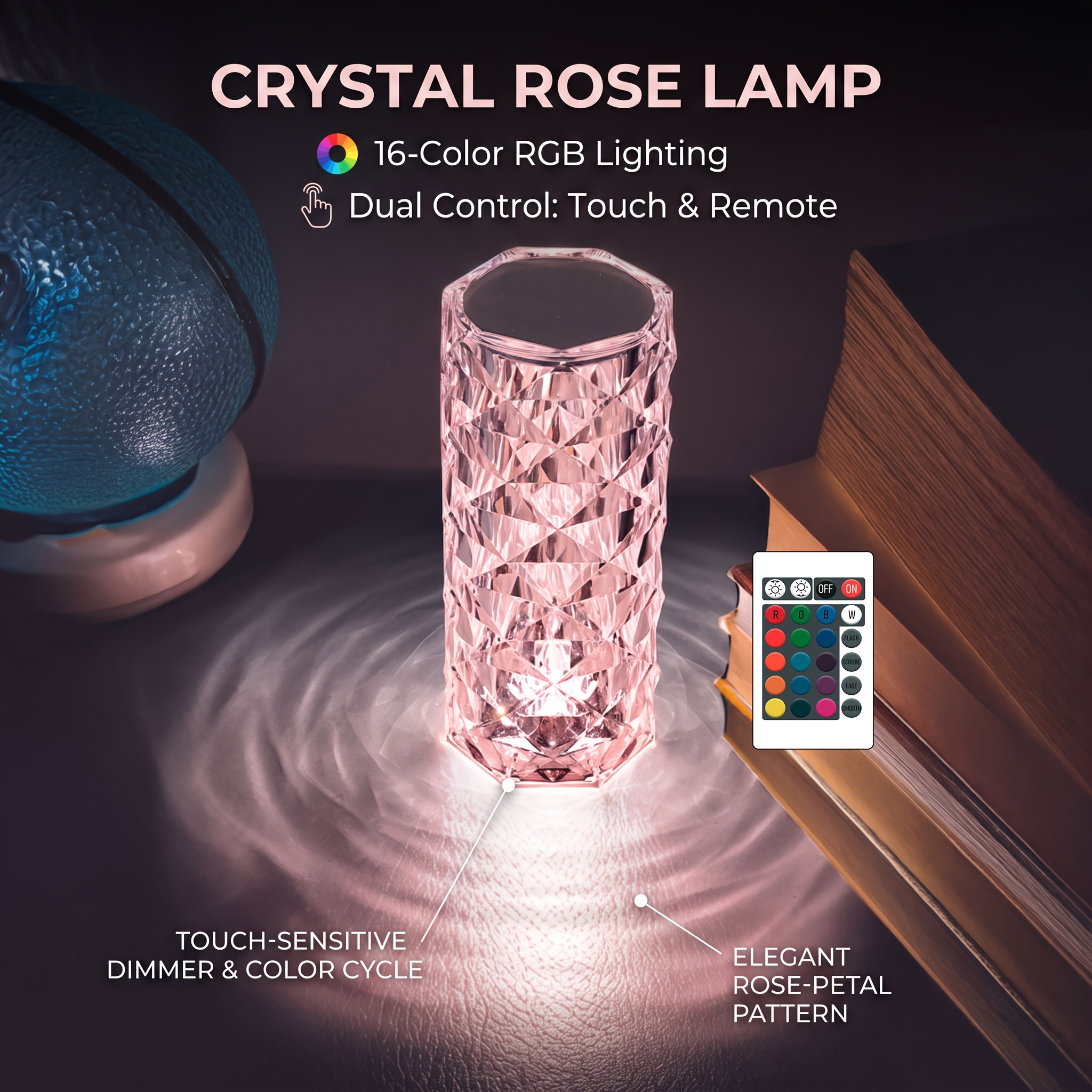 TEMU Rgb 16- Dimmable Crystal Pattern Table Lamp, Night Light For Bedroom Living Room , Creative Decor Gift For Halloween Christmas Birthday