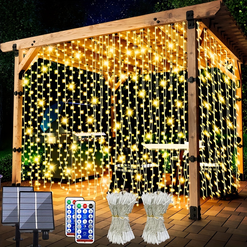 

2 Pack Upgraded Solar Curtain Lights Remote Control, Outdoor Garden Lights 300 Led 8 Modes Waterproof Solar Waterfall Fairy String Lights Decoration For Patio Party Wedding (warm White)