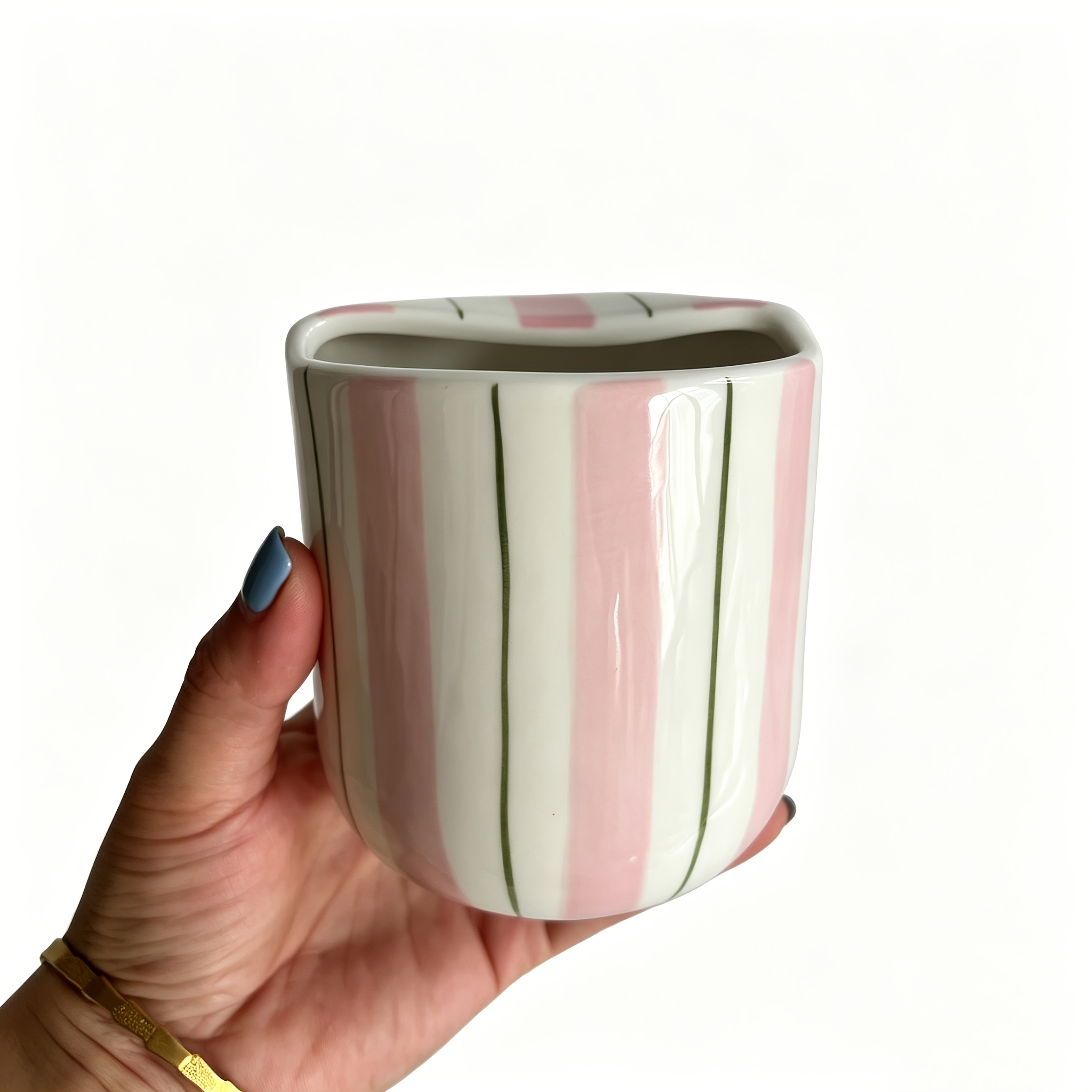 TEMU Hand-painted Striped Ceramic Mug With Straw Hole, Summer Cute Irregular Coffee Cup, Portable Drinking Water Cup For Home Office Daily Use