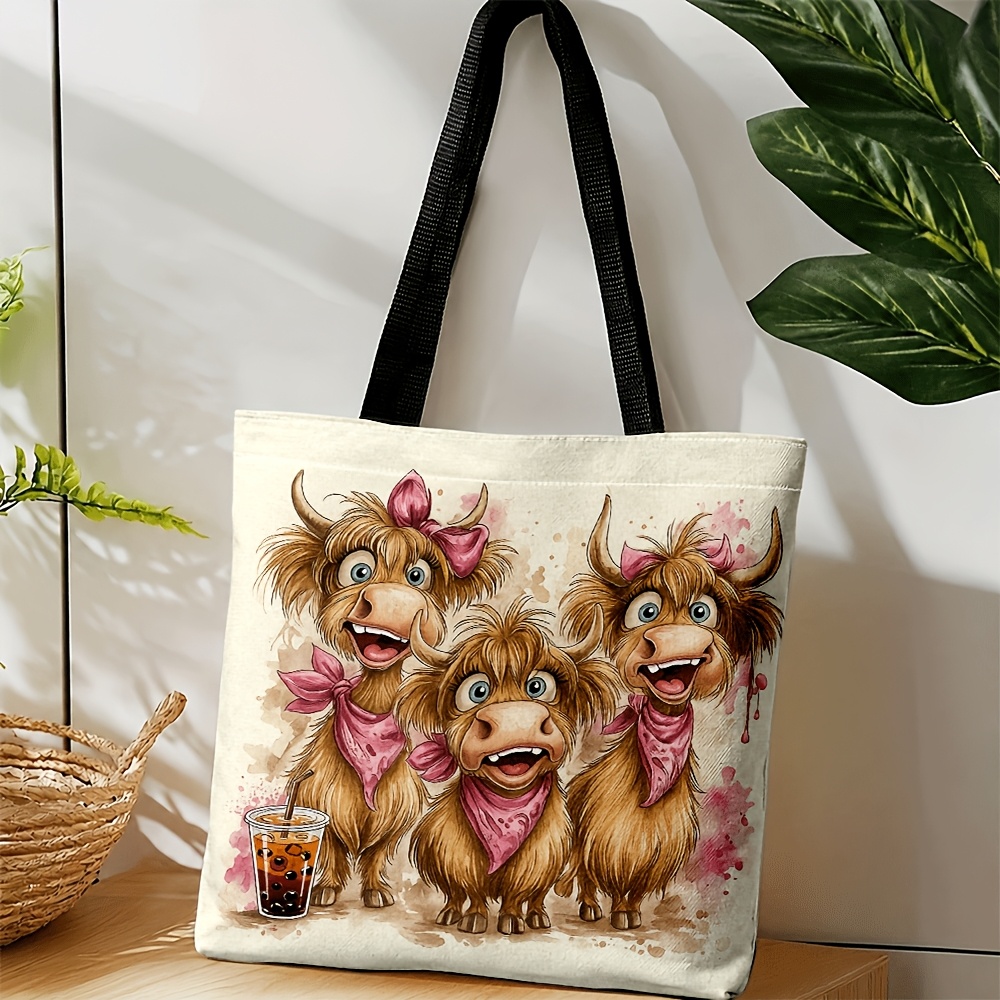 TEMU 3 Cartoon Highland Cows With Pink Bows And Bandanas, With Bubble Tea Illustration, Watercolor-style Tote Bag