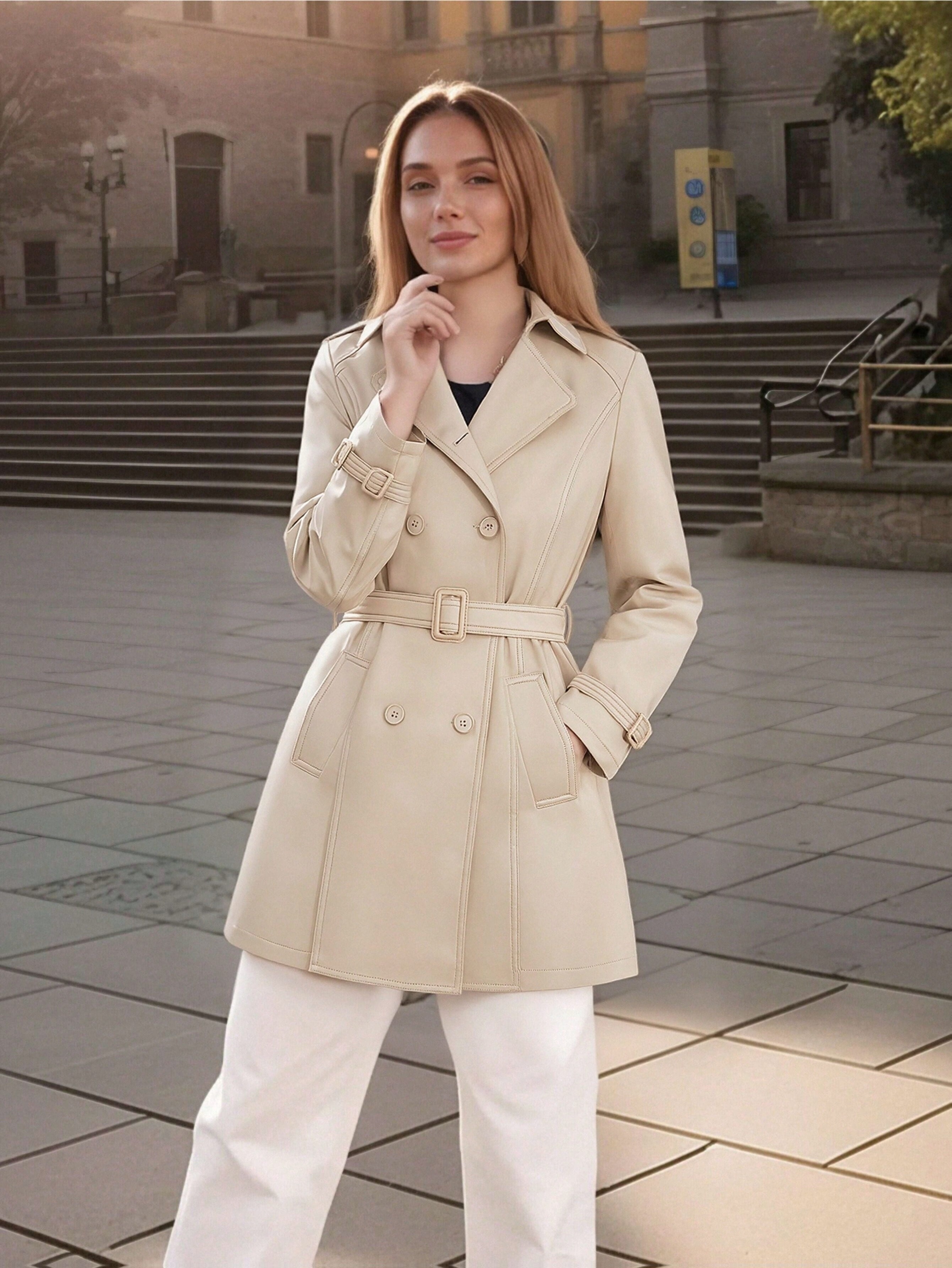 Beige Misses Spring Coats Womens Spring Autumn Pu Simple Commuter