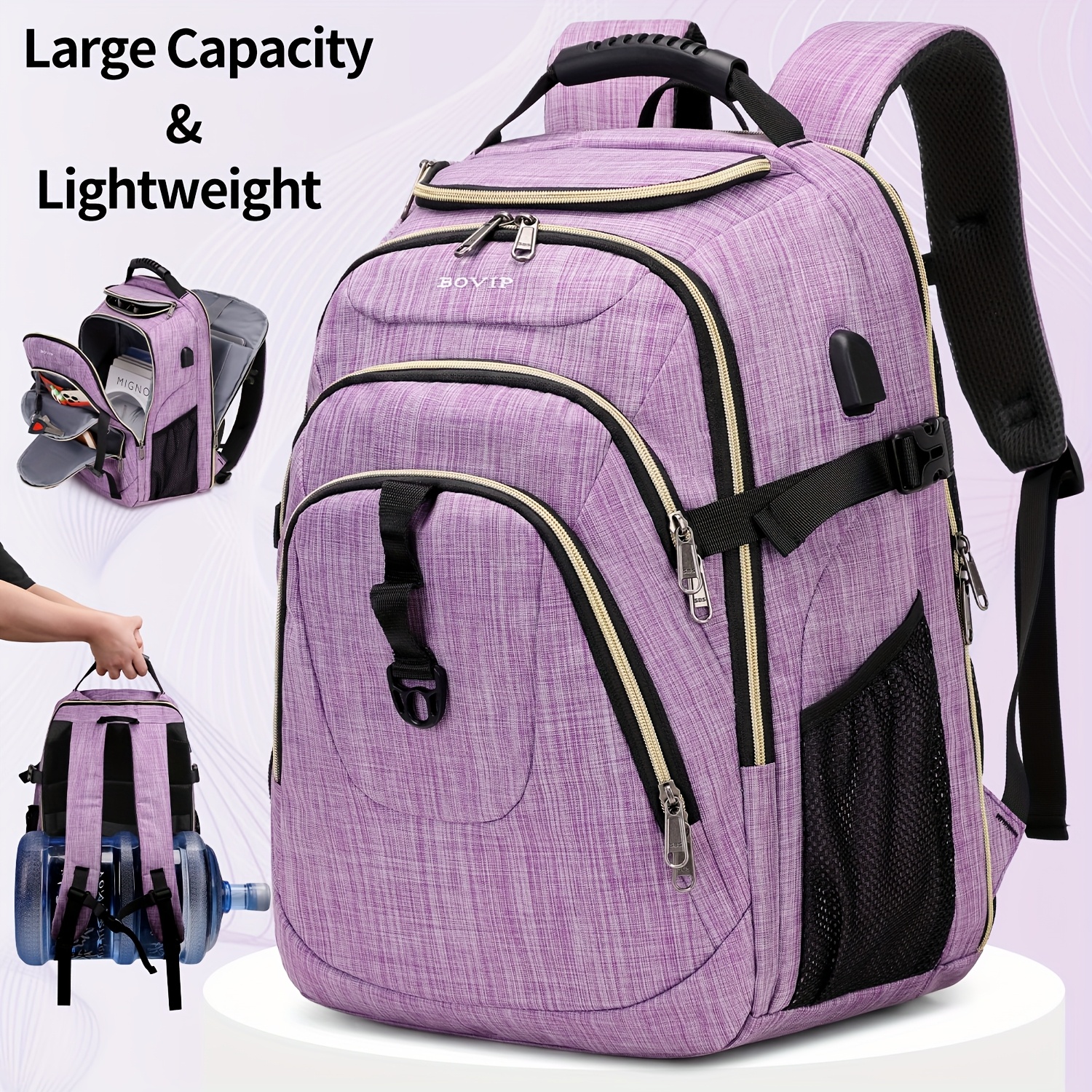 

Light Purple Backpack With Usb Charging Port - Large Capacity, Multi-compartment, Adjustable Straps For Travel, Sports, Camping, School & Business Use, Travel Backpack