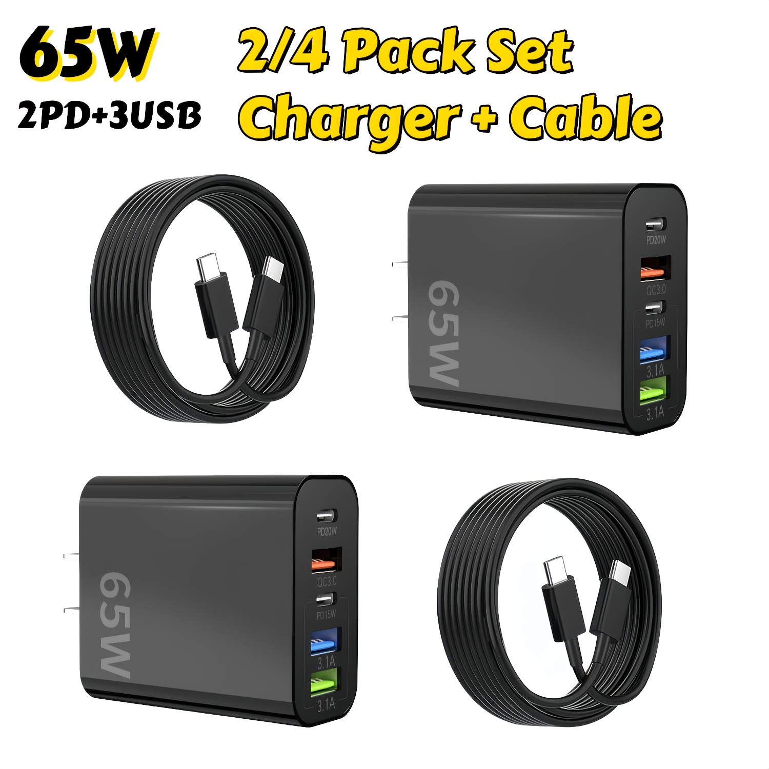 2/4pcs cargador rápido usb-c 65w, cargador de pared usb-c de 5 puertos con puertos dual pd + enchufe dual qc, de carga rápida multi-puerto tipo-c, compatible con varios tipos de teléfonos, - dz00020 Detalles del producto 0