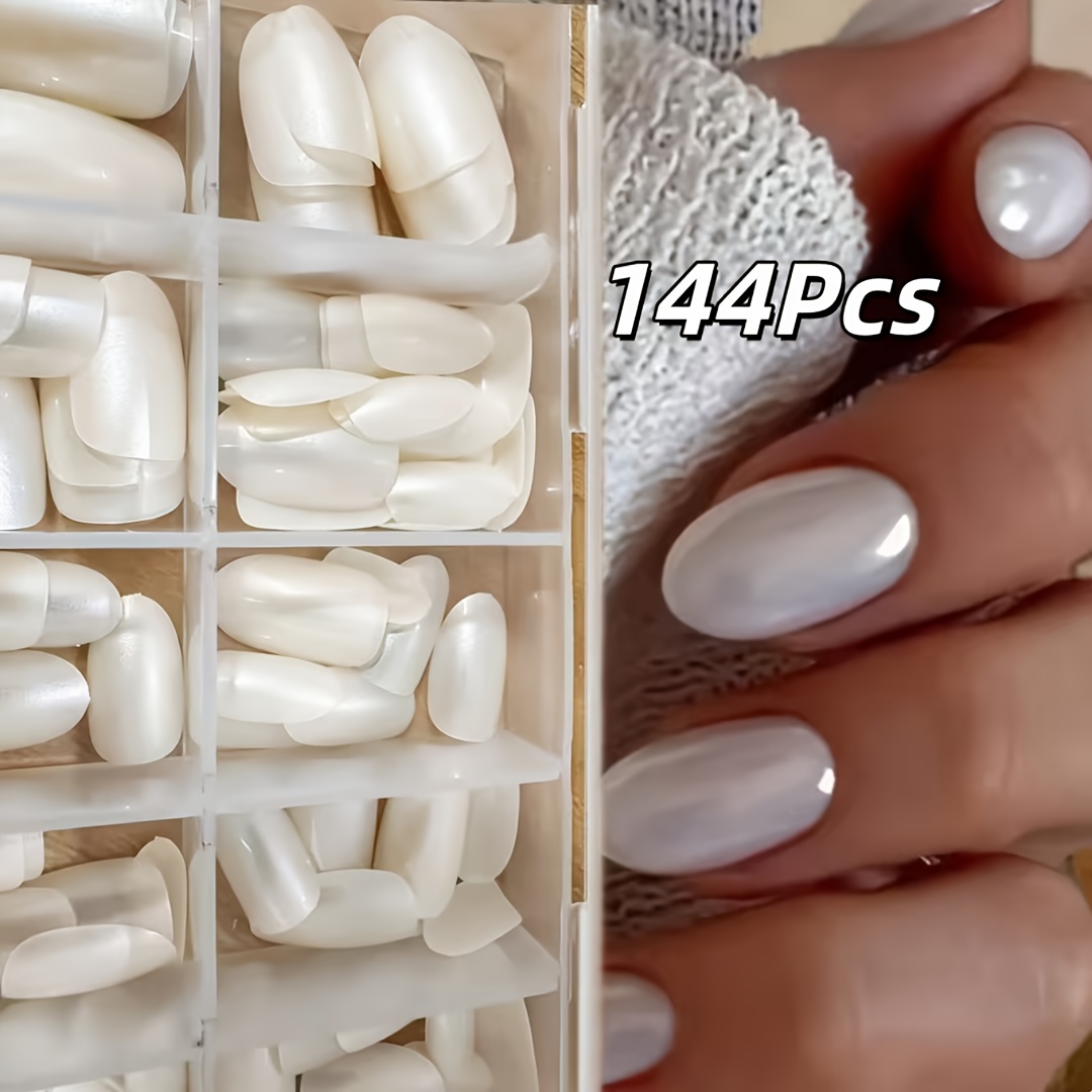 E-shop 144 Stück Kurze Ovale Elektroplattierte Press-On-Nägel, Weißes Elektroplattiertes Fake-Nagel-Set, 12 Größen für Damen, Party, Nagelzubehör,