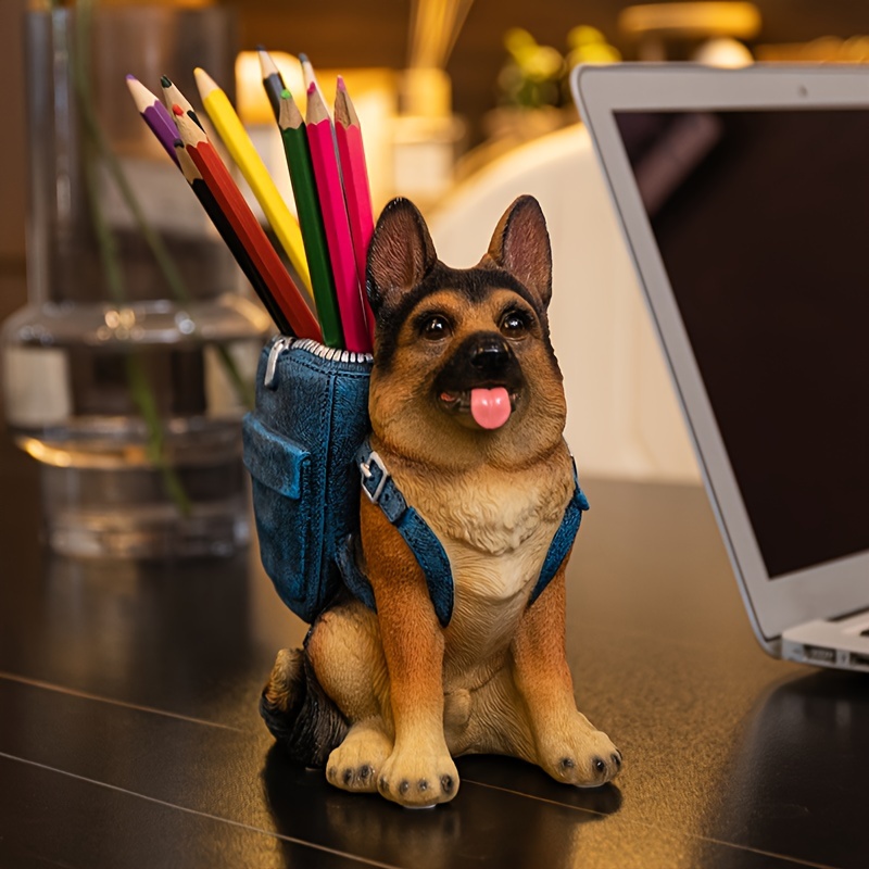 

German Shepherd Dog Pen Holder - Cute Resin Desk Organizer For Home Office, Study Decor & Gift Idea