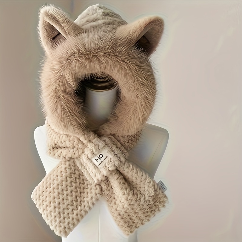 

Écharpe à capuche chaude d'hiver, cache-cou épais élastique, chapeau flou avec oreilles de dessin , chapeaux en peluche pour femmes et femmes en