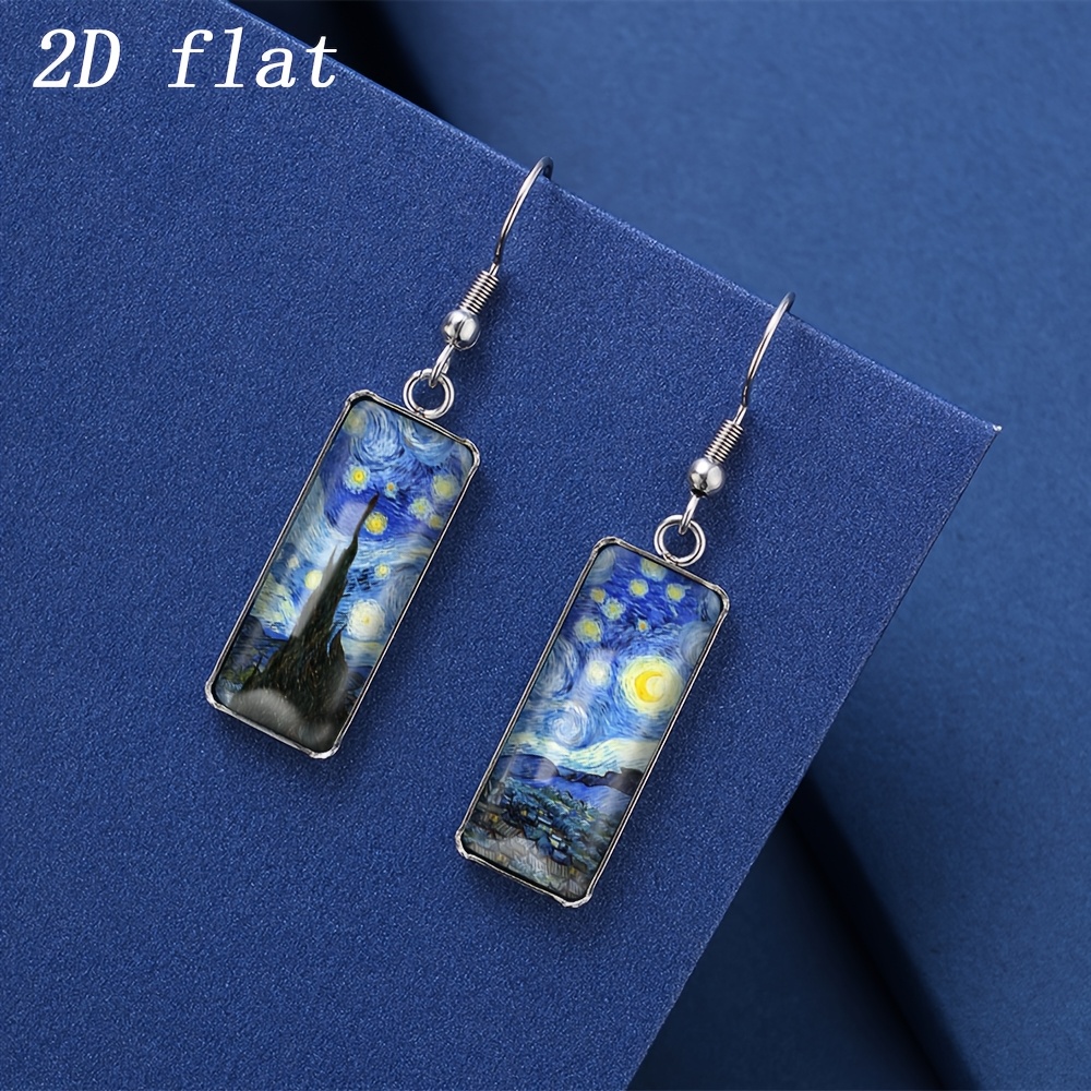 TEMU 1 Pair Stainless Steel Hook Earrings With Van Gogh Starry Gem Glass Pattern Jewelry For Daily Party Wear Lightweight Durable Accessory