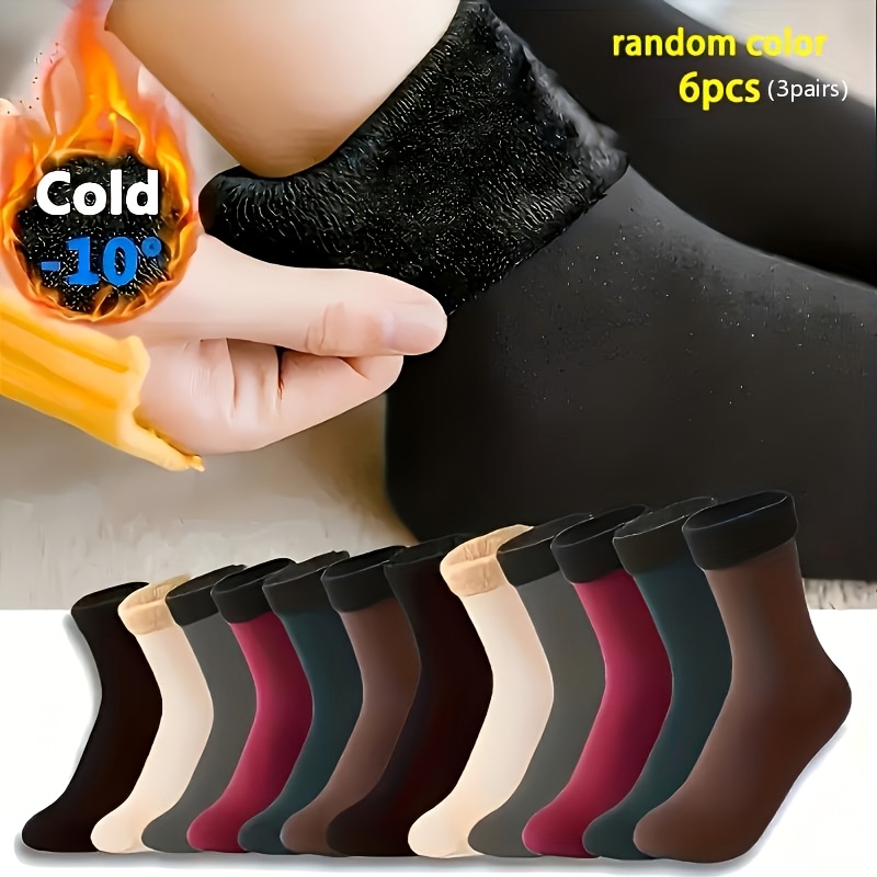 10 6pcs 5 3 pairs womens lined   calf thermal socks thickened for winter cold protection   suitable for outdoor sports and daily wear random solid   black red   and comfortable plush durable material