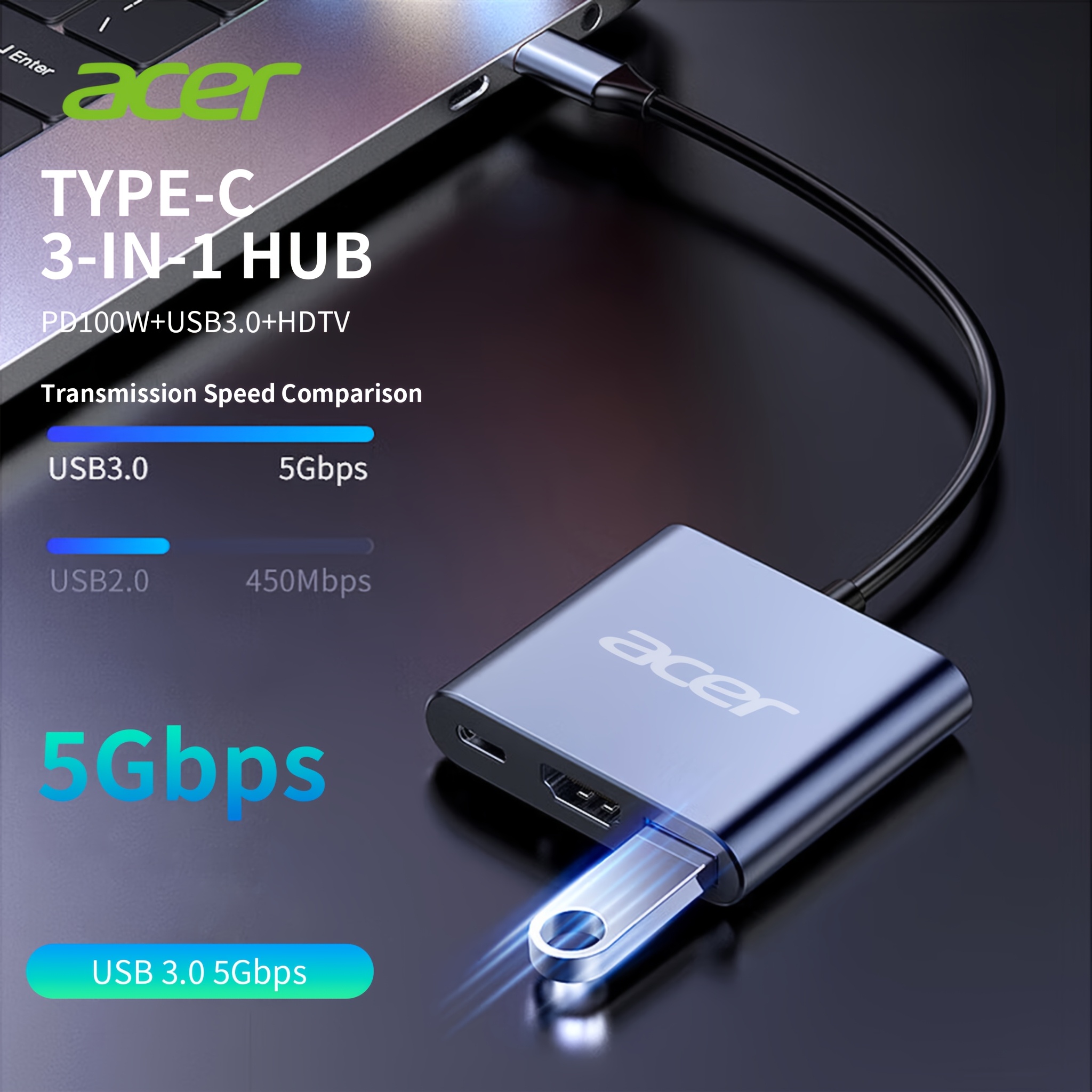 TEMU USB 3-en-1 Acer, Station d'accueil USB-C avec charge PD 100W, USB 3.0 et HDTV, convertisseur audio/vidéo 4K adapté pour MacBook/Air, iPad Pro