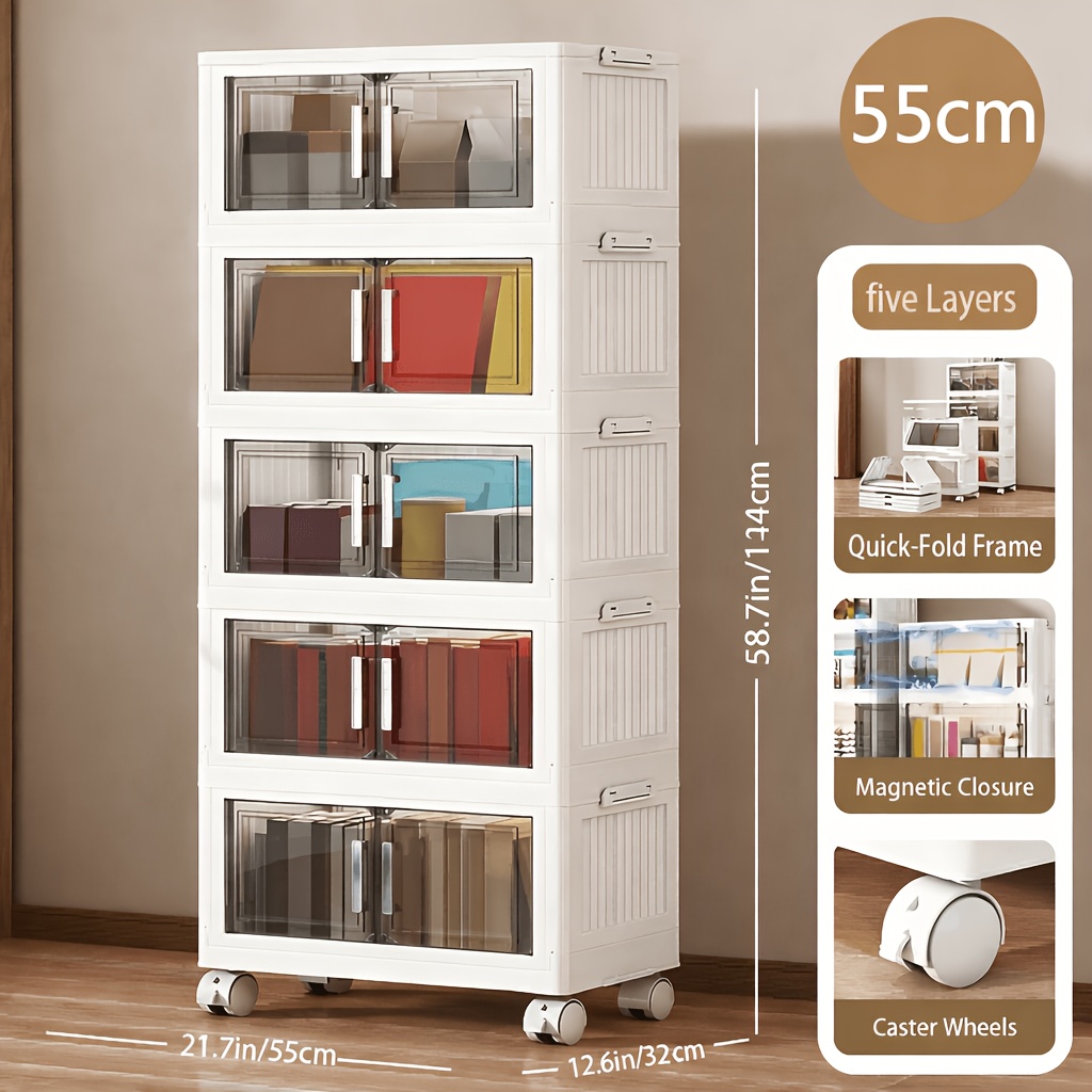 TEMU Armoire de rangement pliable extra large de 55 cm avec options de 3/4/5 niveaux, roulettes et couvercles -poussière, organisateur en plastique