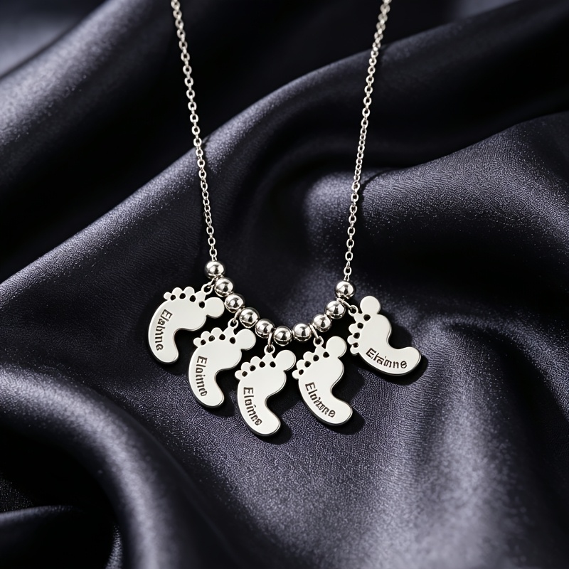 TEMU Personalized Footprint Multi-name Stainless Steel Necklace With -plating. Custom Engraving For Names & Dates On Cute Footprint Pendants To . For