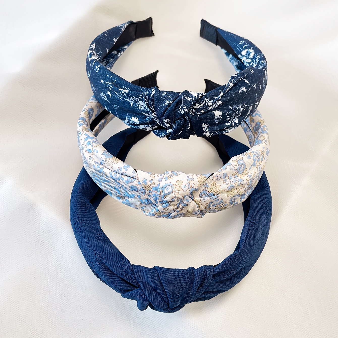 TEMU 3pcs Set Of Women's Blue Floral Solid Color Fabric Wide Headband Sweet Outfit Washing Headband Hair Clip Hair Band Hair Additions Suitable For