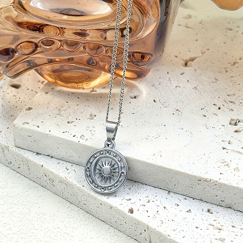 Image of A Stainless , Moon, And Star Compass Design Pendant Necklace. Vintage-style Pendant Collarbone Chain, A Versatile Hip-hop Fashion Accessory Suitable For Men And Women, Perfect For