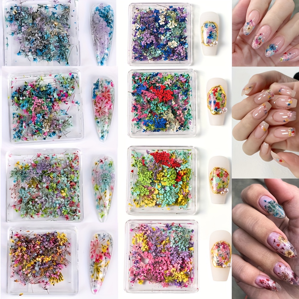 

8 Box 3d Dried Flower Nail Charms Kit - Vibrant Self Adhesive Stickers Forglamorous Nail Art, Salon-quality At Home - Choose Long-lasting, Easy Application Decorations