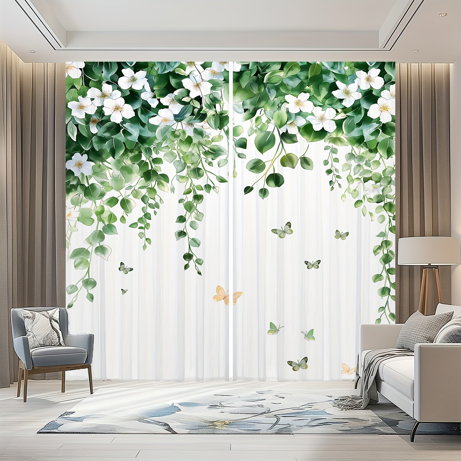 TEMU Un set di due tende da finestra trasparenti in poliestere a tema stagionale con foglie , rami, fiori, viti e decorazioni a . per con tonalit�