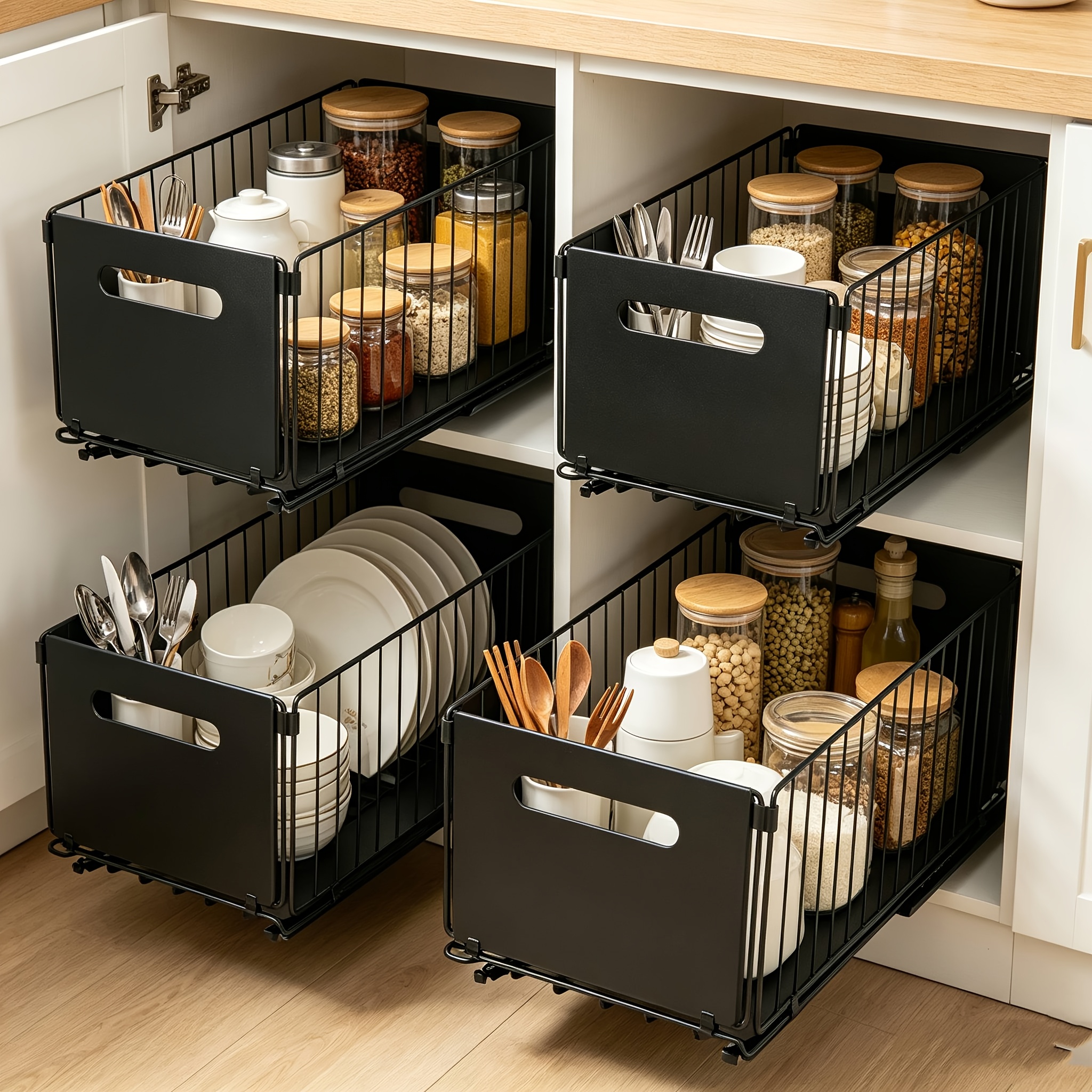 Image of 4 Pack Upgraded Heavy Duty Pull Out Drawer Cabinet Organizer, Peel And Stick, Slide Out Storage Shelves For Cabinets, No Drill Roll Out Shelves For Kitchen, Bathroom, Pantry (4pcs, Black)