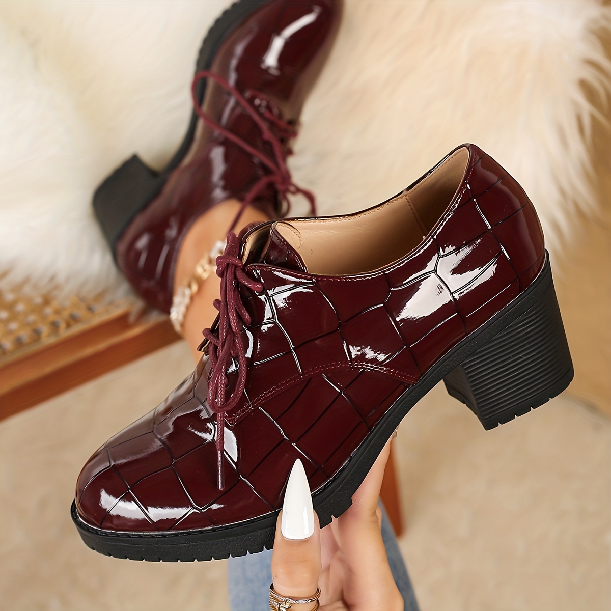 TEMU Women's High Heel Flats Round Toe Chunky Heel Women's Shoes Lace-up Autumn Winter Commuter All-match Loafer Comfortable Wear-resistant Soft Sole