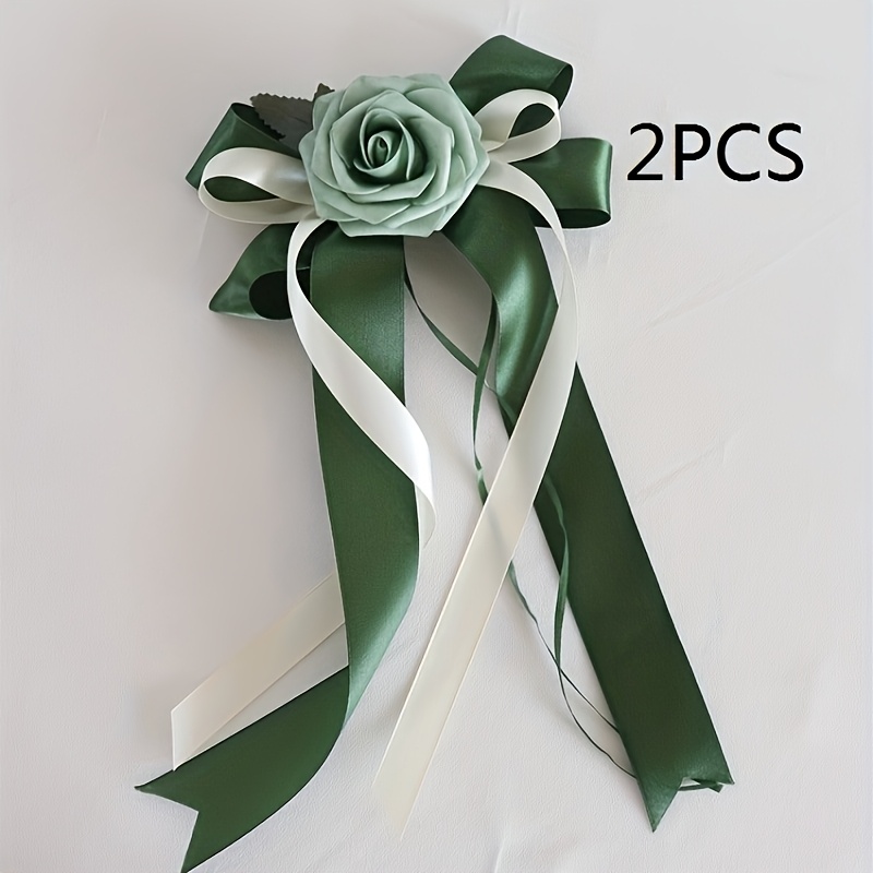 E-shop 2 Stk. Elegante Hochzeits-Auto-Spiegel- & Türgriff-Schleifen-Dekorationen - Künstliche Blumen-Schleifen mit Satinbändern, Rosen & Grün für