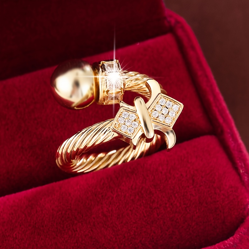 Adjustable Golden Ring with Sparkling Zirconia Accents
