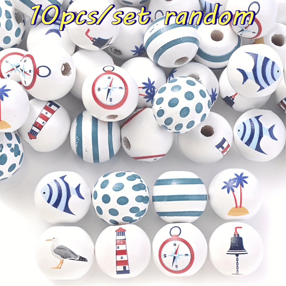 Image of 10pcs 16mm White Wooden Beads Random Pattern Includes Fish Compass Tower And For Making Bracelet Necklace Earrings Keychain Accessories