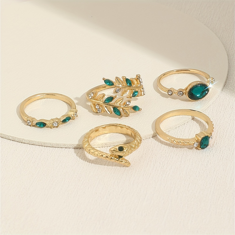 vintage elegant leaf snake design rhinestone stacking rings set 5 piece alloy ring pack with green accents for daily vacation wear details 3