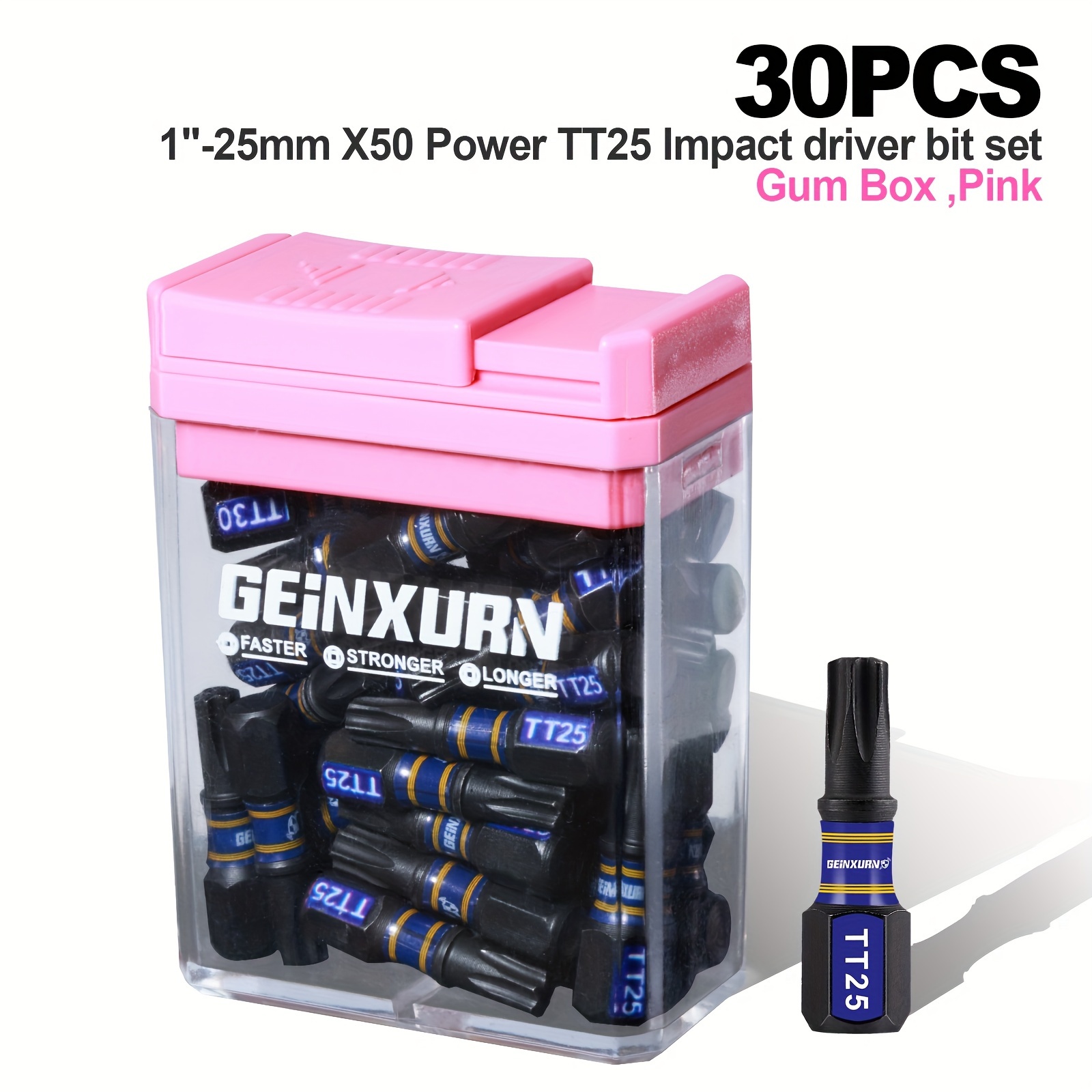 

Geinxurn 30-piece S2 Steel Hex Driver Bit Set, 1"-25mm, X50 Power Tt25 Impact Screwdriver Bits, Black, White, Blue - No Required, Faster, Stronger, Gum