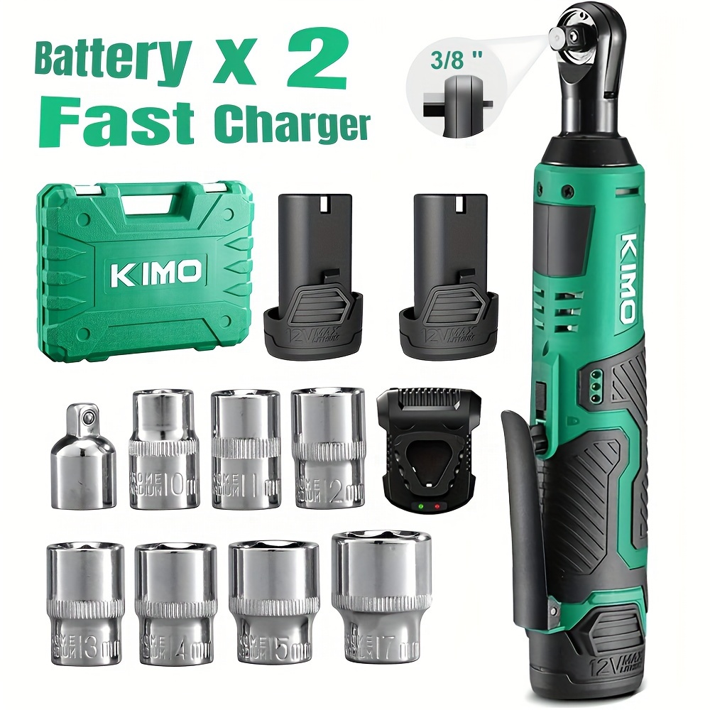 

Kimo Cordless Electric Ratchet Wrench Set, -lbs, 400 Rpm, 3/8" 12v Cordless Ratchet Kit, 60-min , Trigger, 2-pack Lithium-ion Batteries, 8 Sockets