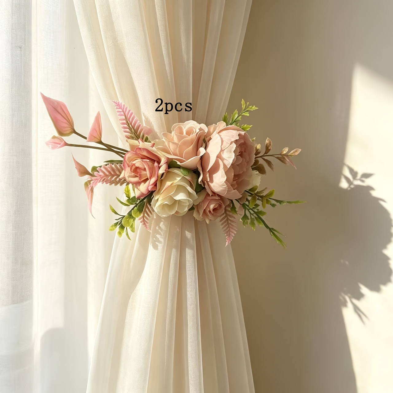 TEMU 2pcs 2pcs Suitable For Bedroom & Living Room Curtain Tiebacks - Elegant Lace Organza & Satin Bow Holdbacks With Rose/lotus Design, Window Decor,