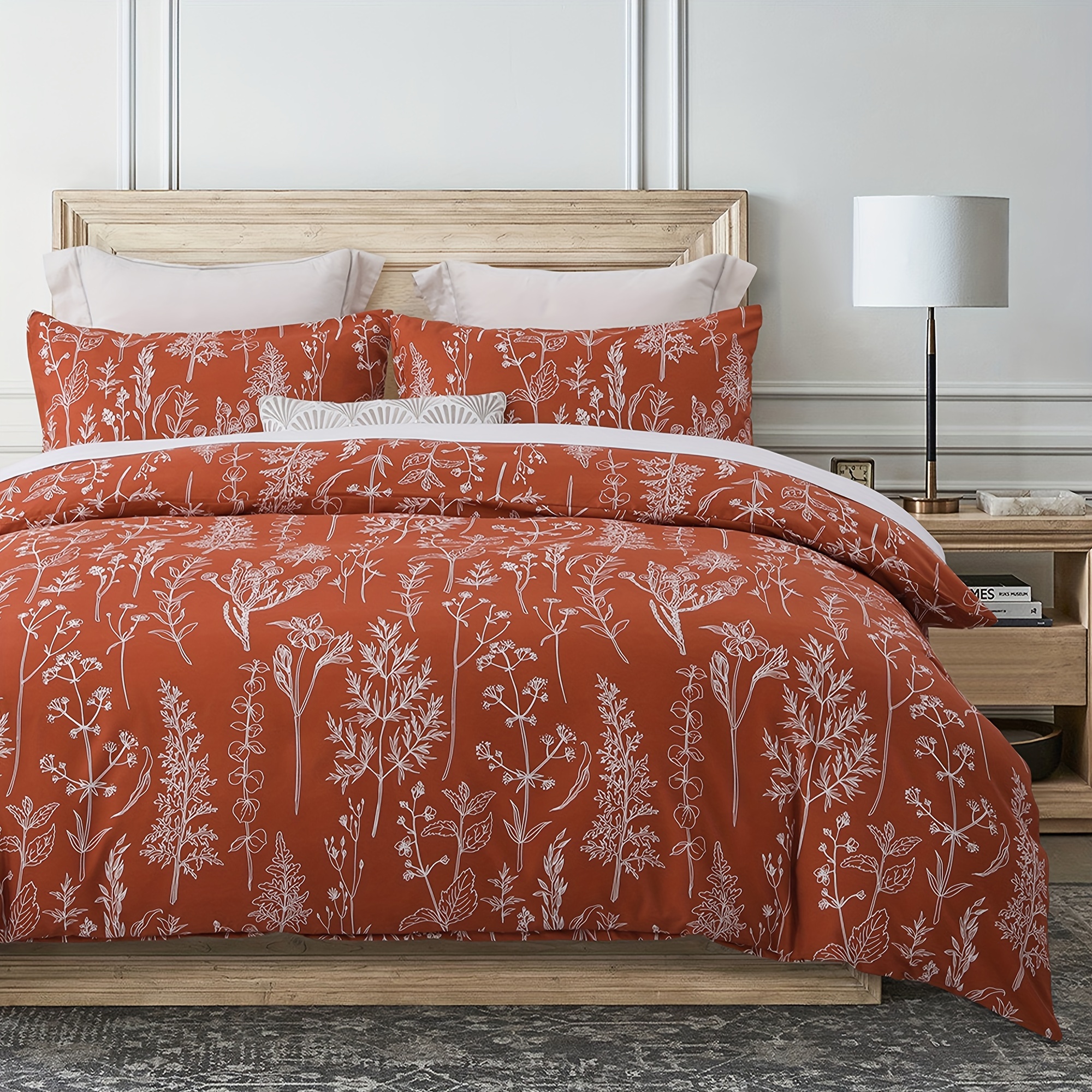

Comforter Set, Soft Microfiber All Season Comforter, Coral Orange Printed With White Botanical Pattern, Down Alternative Machine Washable