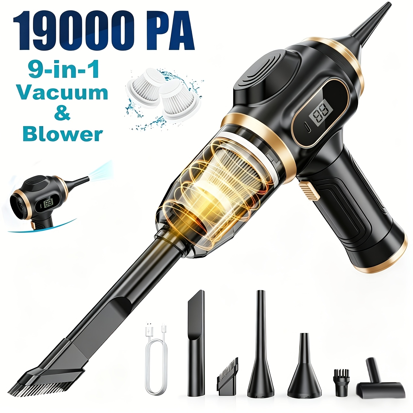 TEMU Heavy-duty Handheld Cordless Vacuum, 2-in-1 Blower & Suction Design, 19000pa Powerful Handheld Cordless Vacuum, Portable Usb Rechargeable For