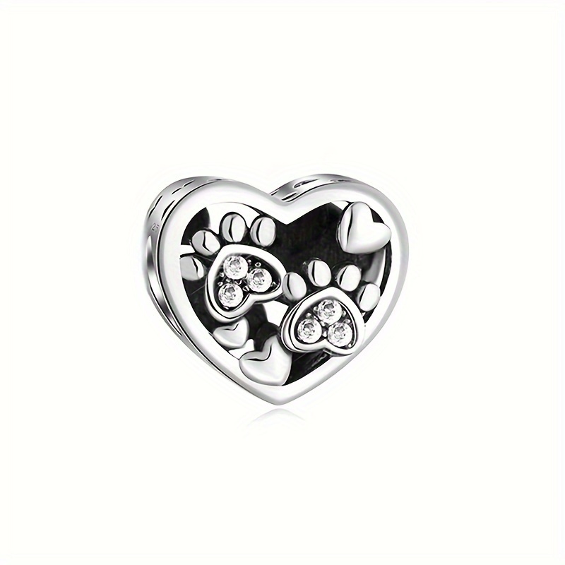 

1pc 925 Sterling Synthetic Zircon Paw Pattern Heart Bead Charm For Making, For Gift