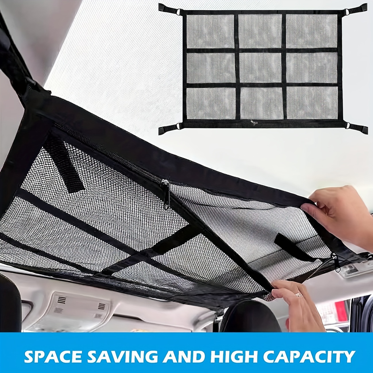 Material Car Cargo Net, Double-layer Mesh Structure For Load Capacity, Foldable With Roof Storage Bag, Suitable For Travel, Road Trips, And Camping Additions
