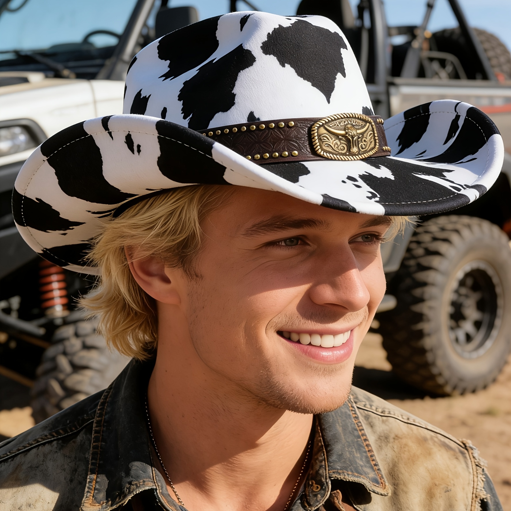Cow Print Cowgirl Hat with Metal Star Hatband Western Travel Costume Sequin Star Cowgirl Hat | Girls main image 2
