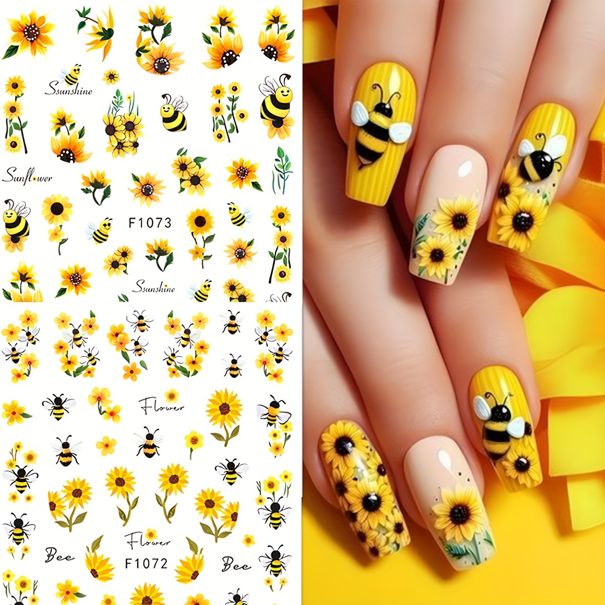 

2pcs Autumn Cartoon Cute Sunflower Hardworking Nail Stickers Disposable Self-adhesive Decoration Tool Backing Glue Nail Decoration Accessories